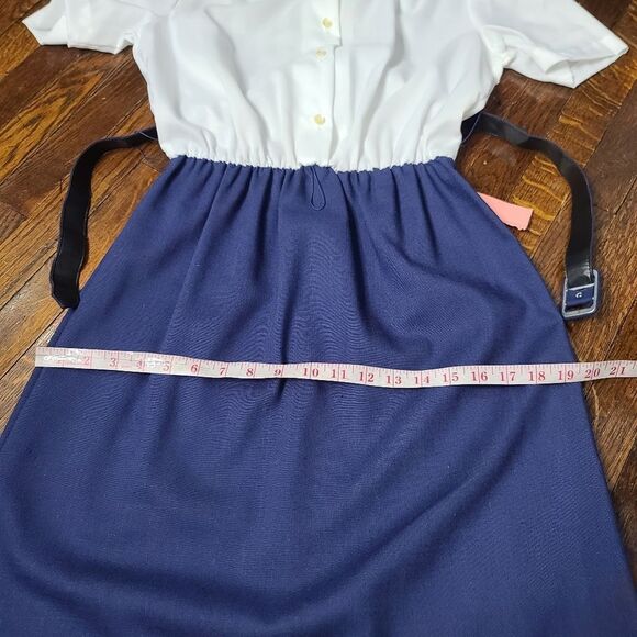 NWT Deadstock Vintage 60s White Navy Button Shirt Waist Beltrd Dress - Picture 9 of 12